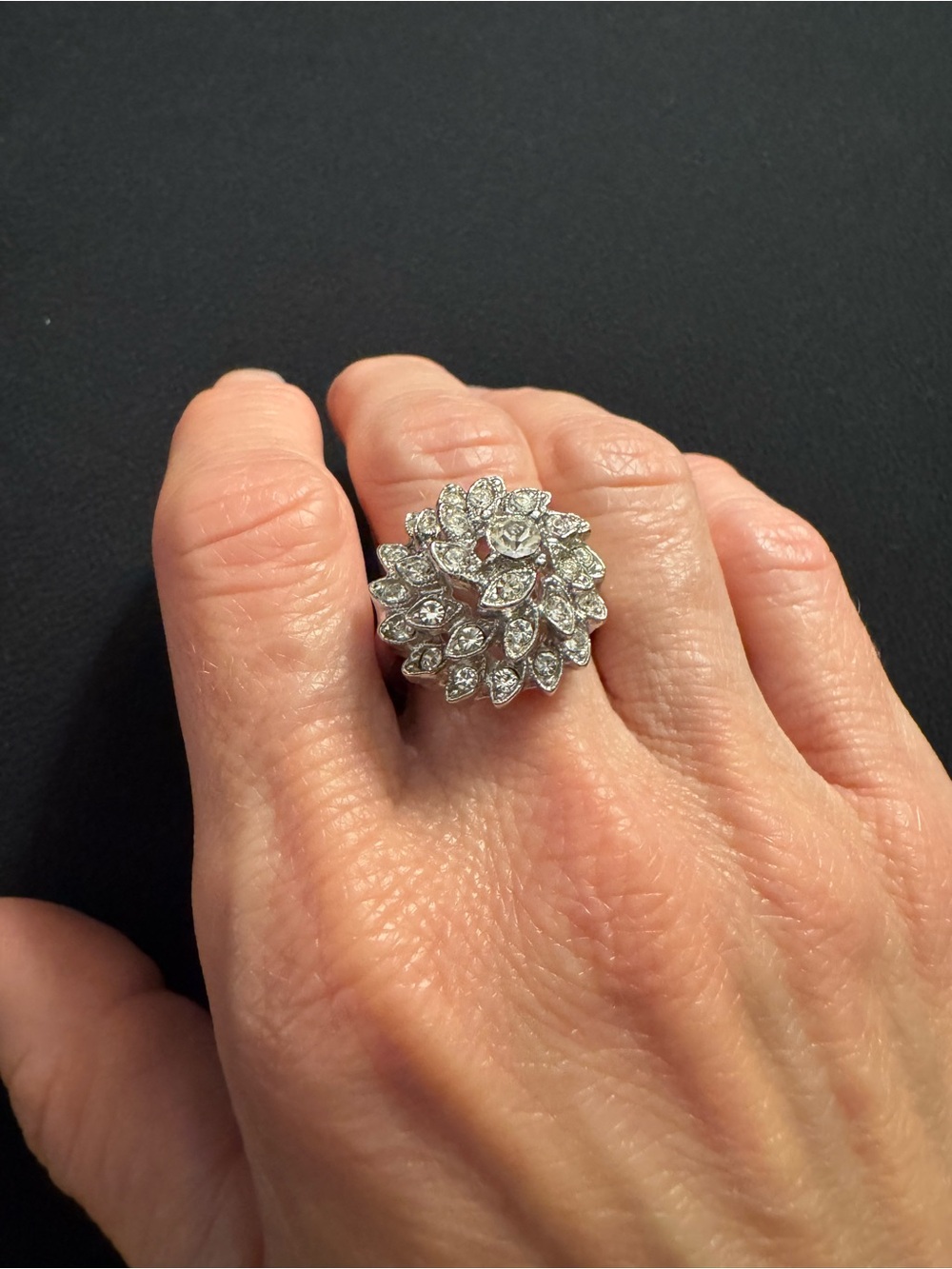 Dazzling Silver Tone Rhinestone Statement Cocktail Ring Adjustable